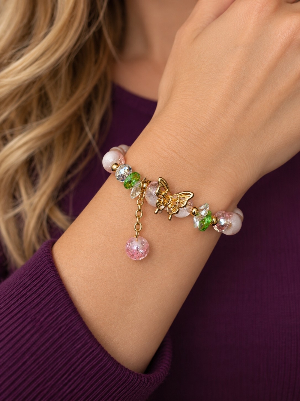 Gold Butterfly Beaded Charm Bracelet in Pink and Green, New Without Tags